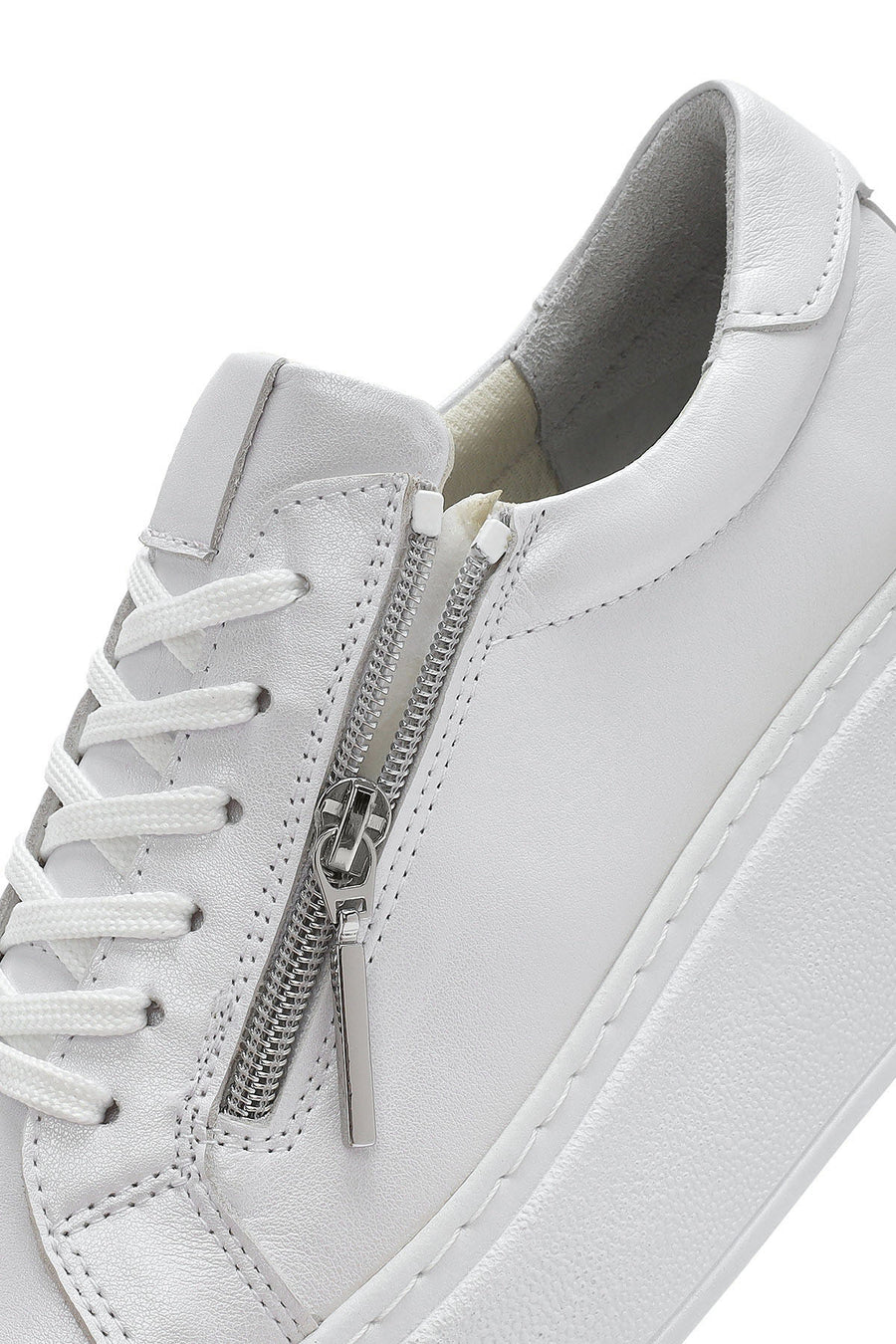Women's White Thick-Soled Side Zipper Lace-Up Leather Sneakers
