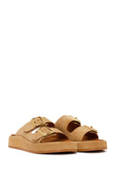 Woman Beige Double-Buckle Thick-Soled Suede Slipper | Derimod