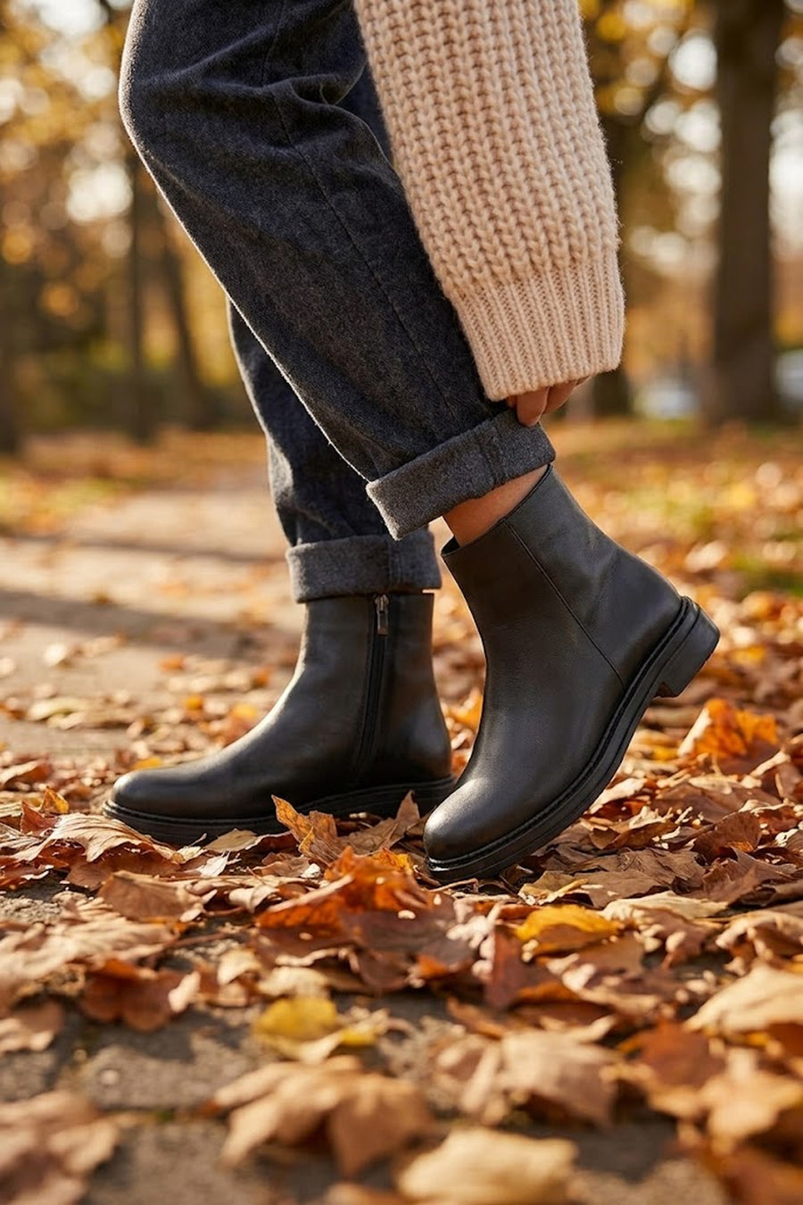 Woman Black Zip Closure Leather Boots
