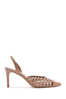 Women's Beige Slingback Patent Leather Thin Heeled Shoes | Derimod