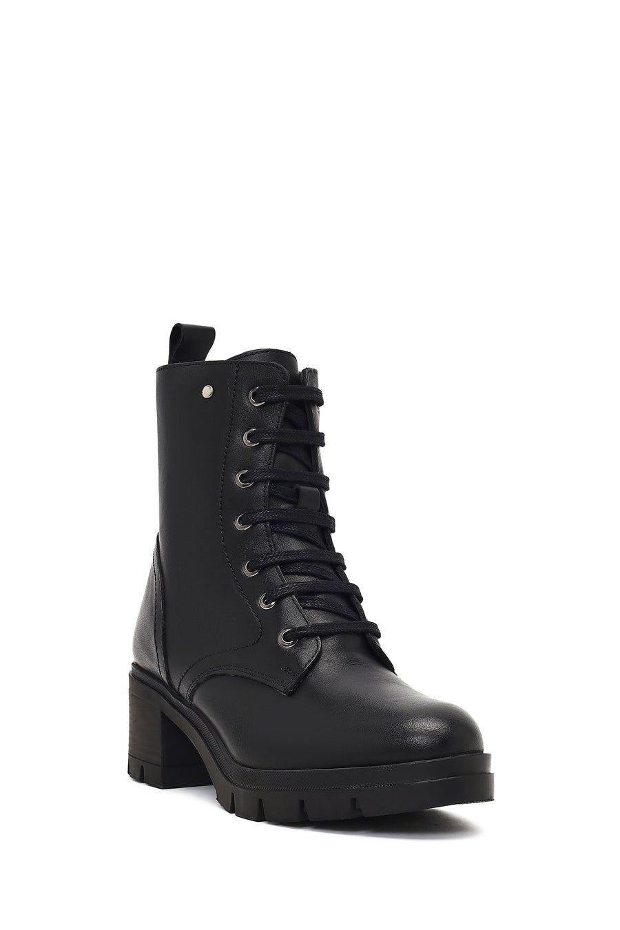 Woman Black Zip Closure Thick-Heeled Leather Boots