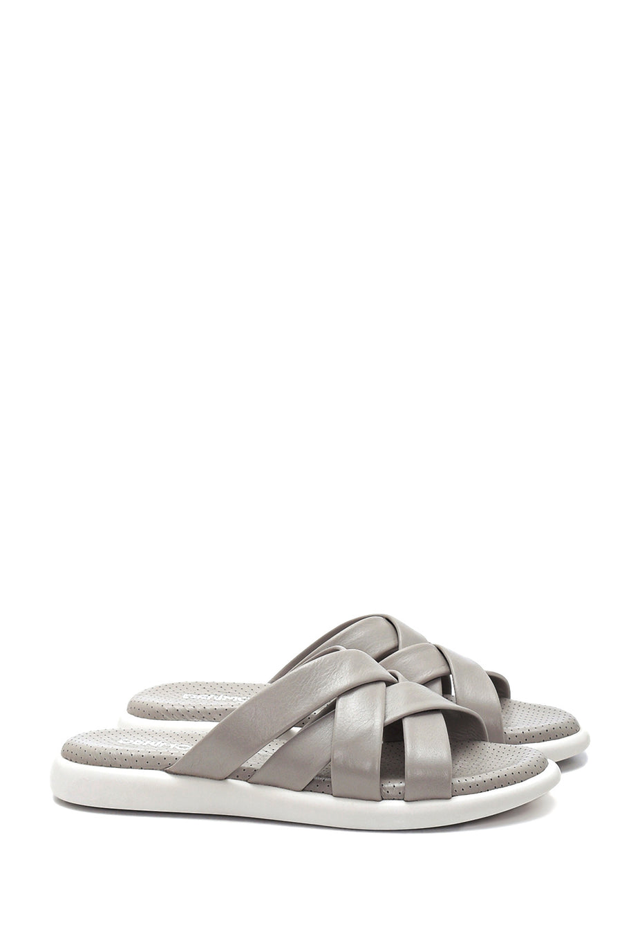 Women's Gray Leather Comfort Slippers