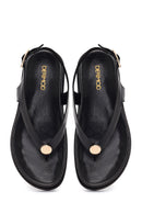Women's Black Leather Flip-Flop Sandals with Buckle Back | Derimod