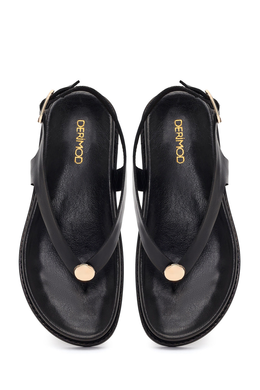 Women's Black Leather Flip-Flop Sandals with Buckle Back