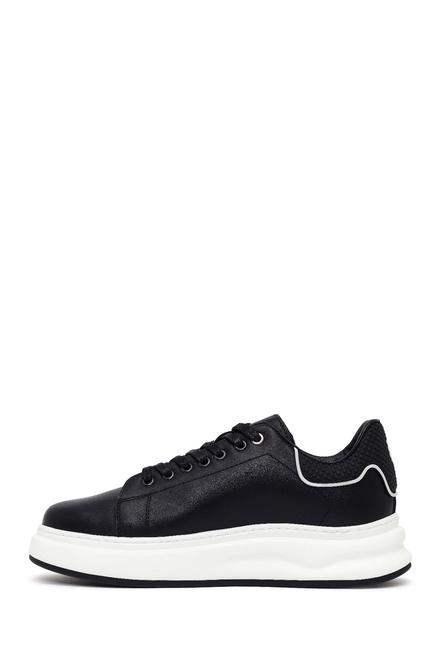 Men's Black Lace-up Thick-Sole Leather Sneaker