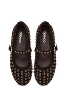 Woman Brown Stone-Embellished Leather Ballet Flat | Derimod