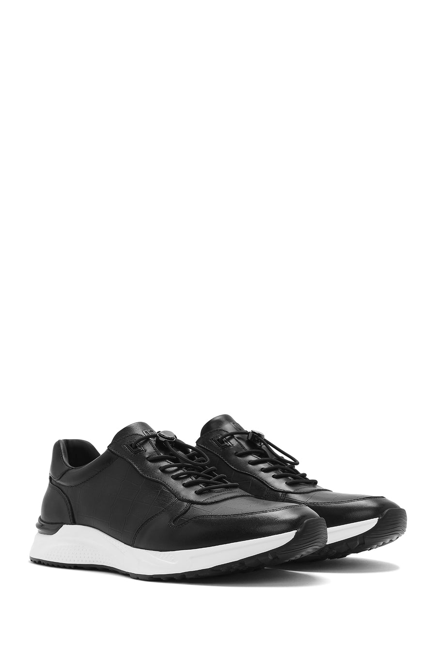 Men's Black Crocodile Patterned Lace-Up Leather Sneakers