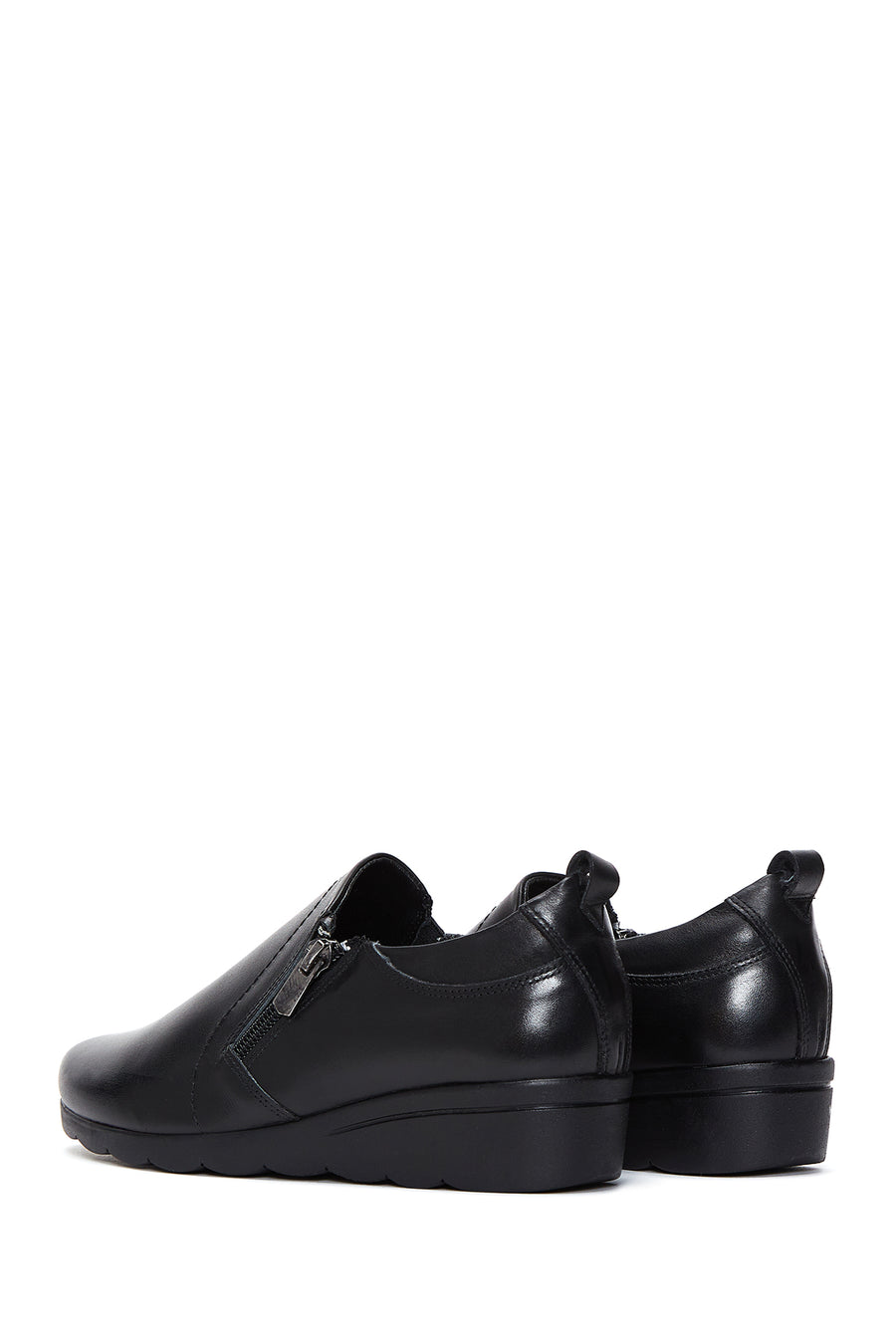 Women's Black Leather Wedge Heeled Comfort Shoes