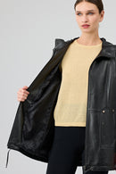 Cindy Women's Black Hooded Leather Coat | Derimod