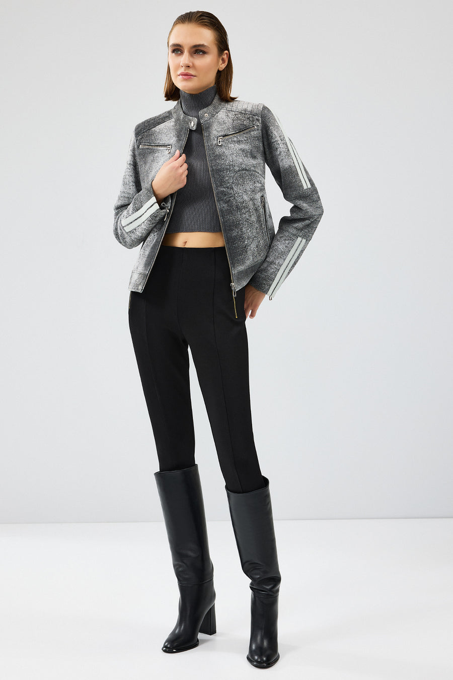 Sporty Women's Gray Short Nubuck Leather Sports Jacket