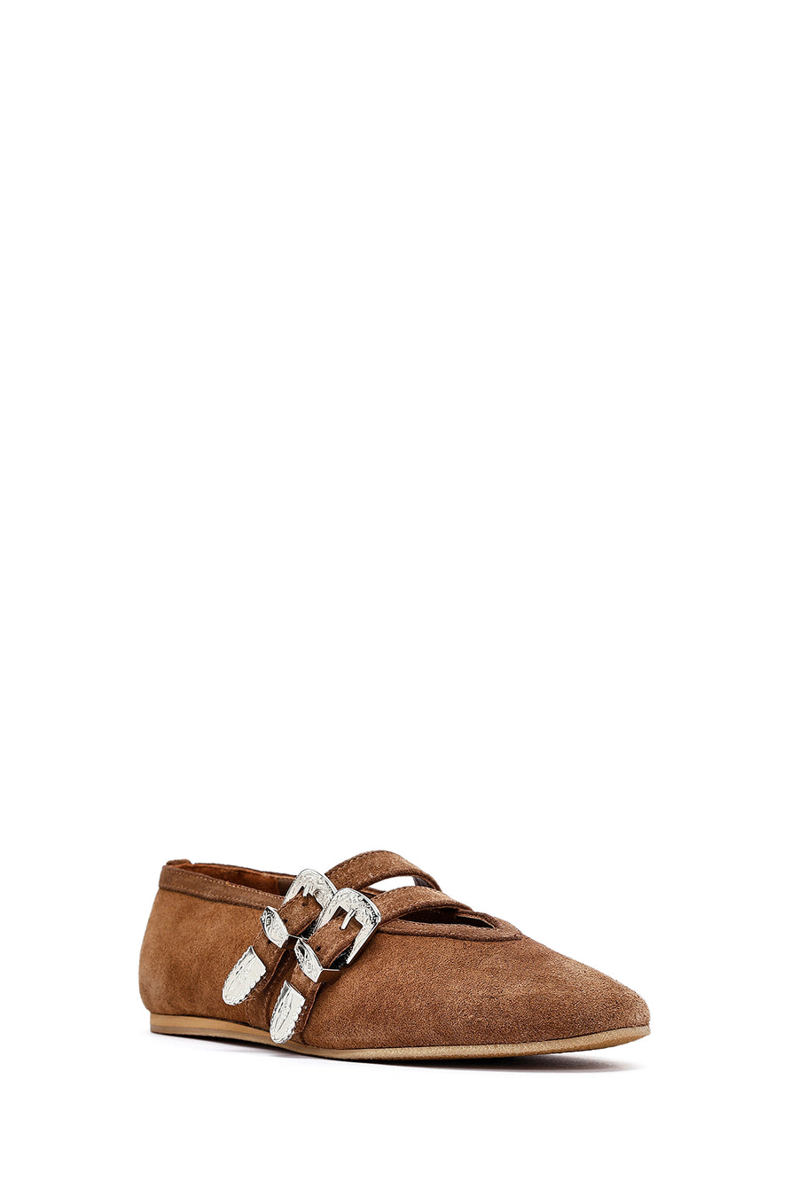 Women's Tan Double Buckled Suede Leather Ballerinas