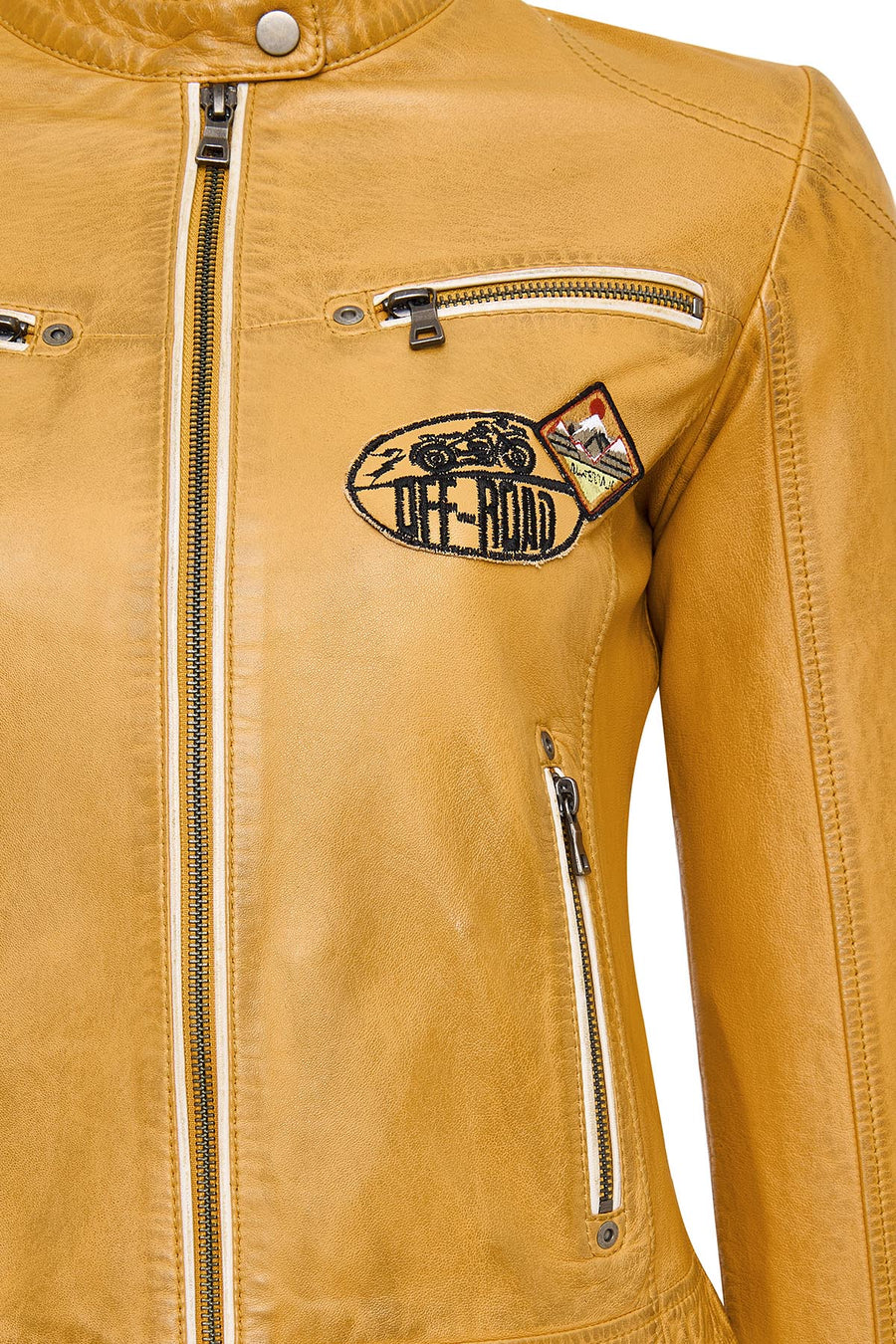 Champs Women's Yellow Embroidered Short Leather Jacket