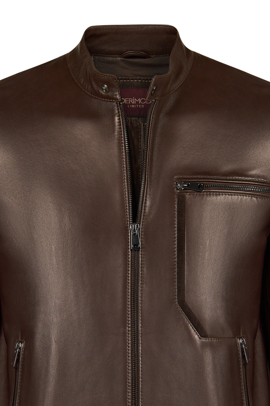 Palmer Male Brown Mandarin Collar Leather Jacket