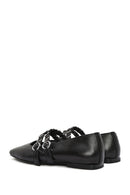 Women's Black Double Buckled Leather Ballerinas | Derimod