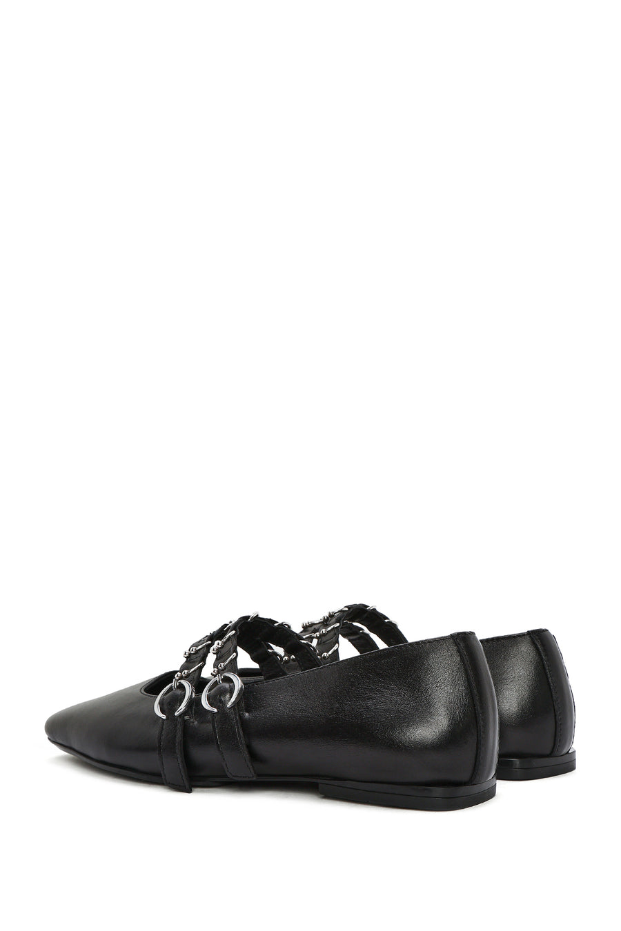 Women's Black Double Buckled Leather Ballerinas
