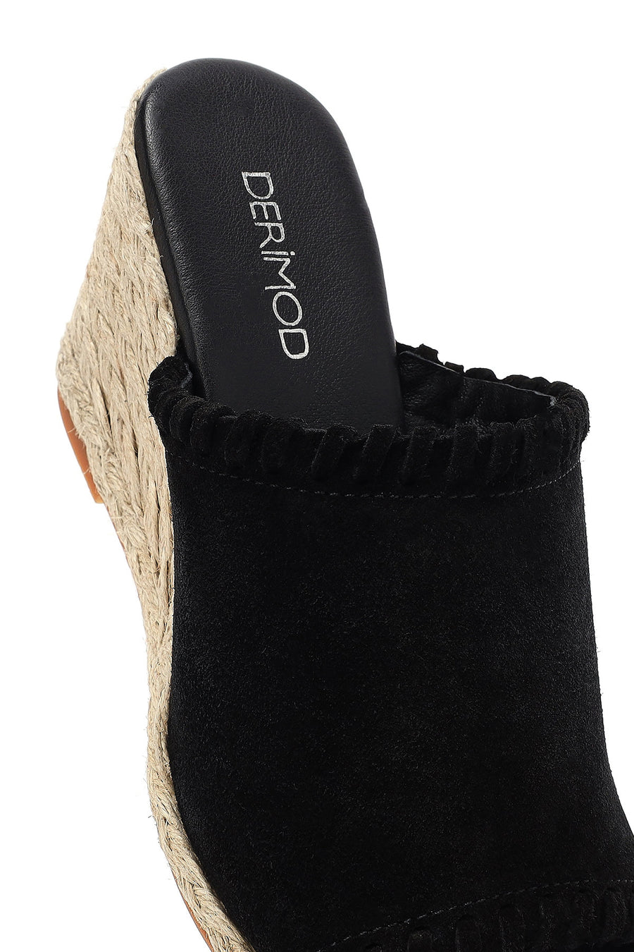 Women's Black Wedge Heeled Suede Leather Espadrille Slippers