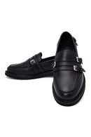 Kadın Siyah Tokalı Deri Maskülen Loafer | Derimod
