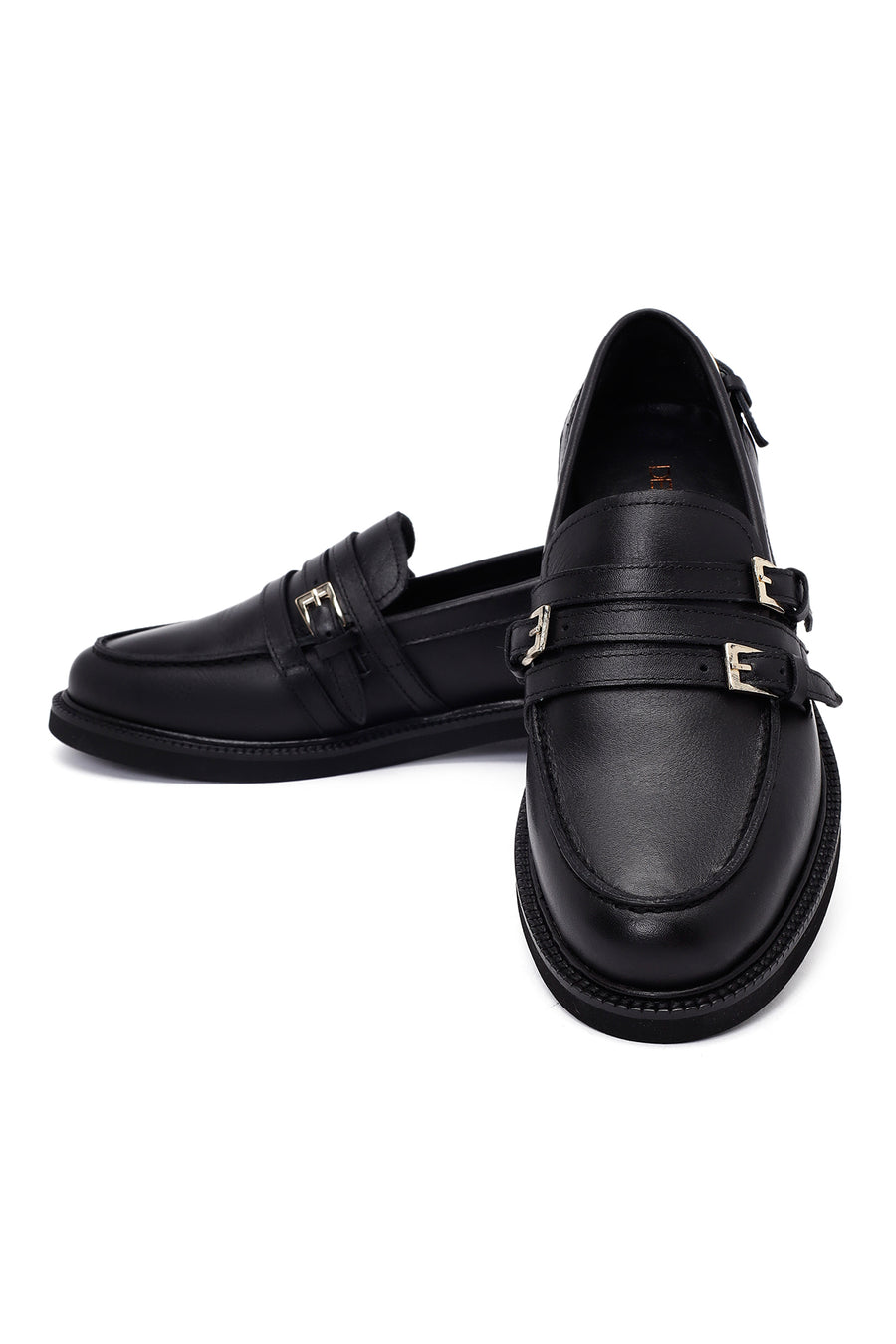 Kadın Siyah Tokalı Deri Maskülen Loafer