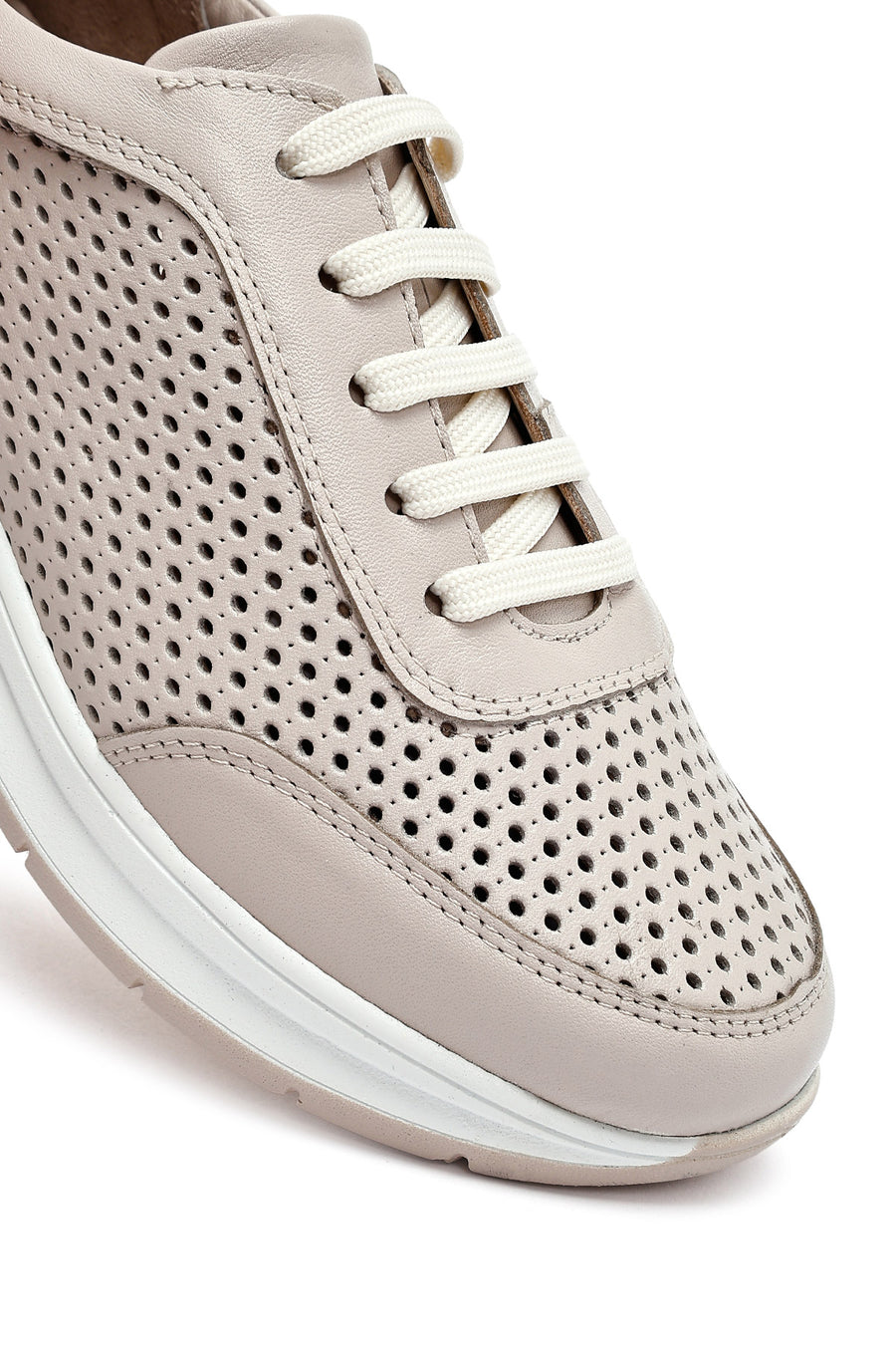 Kadın Krem Bağcıklı Kalın Tabanlı Deri Sneaker