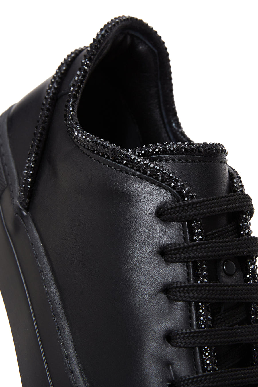 Kadın Siyah Bağcıklı Taş Detaylı Deri Sneaker