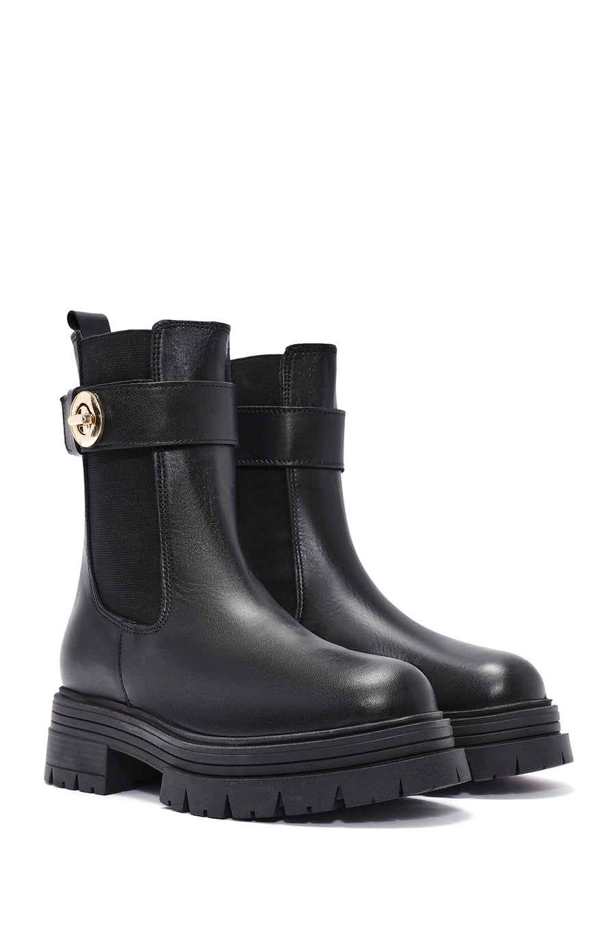 Women's Black Buckle Detailed Leather Chelsea Boots