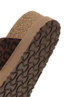 Women's Brown Double Buckle Leopard Print Chunky Sole Suede Leather Slippers | Derimod