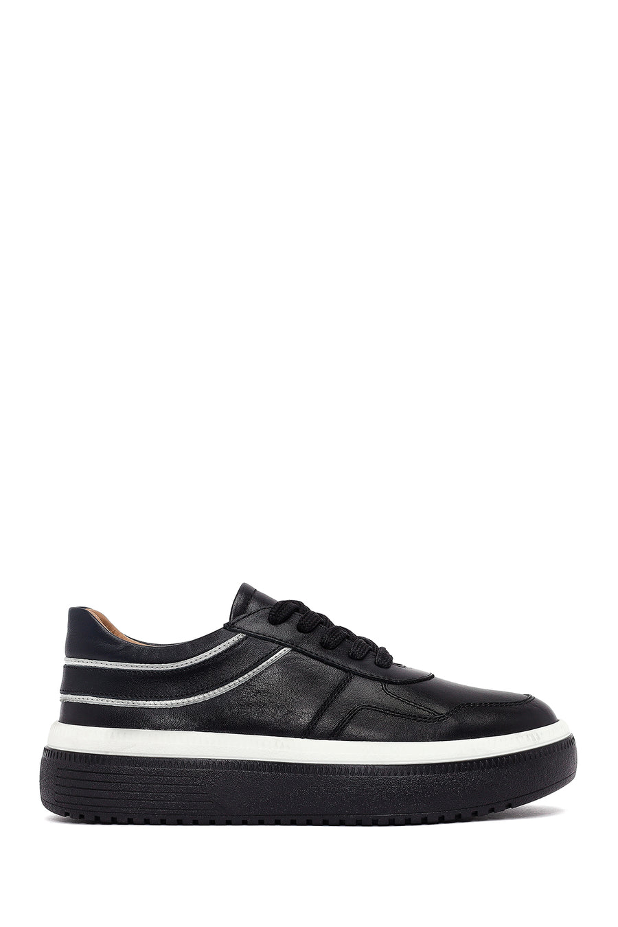 Women's Black Lace-Up Thick-Soled Leather Sneaker 25AFD510818 | Derimod