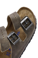 Birkenstock Men's Khaki Arizona Double Buckle Nubuck Leather Slippers | Derimod