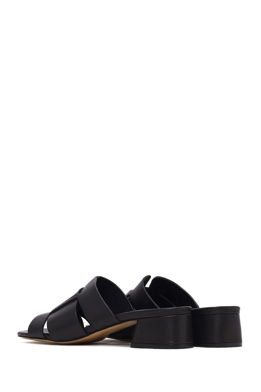 Women's Black Short Thick Heeled Leather Slippers