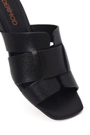 Women's Black Short Thick Heeled Leather Slippers | Derimod