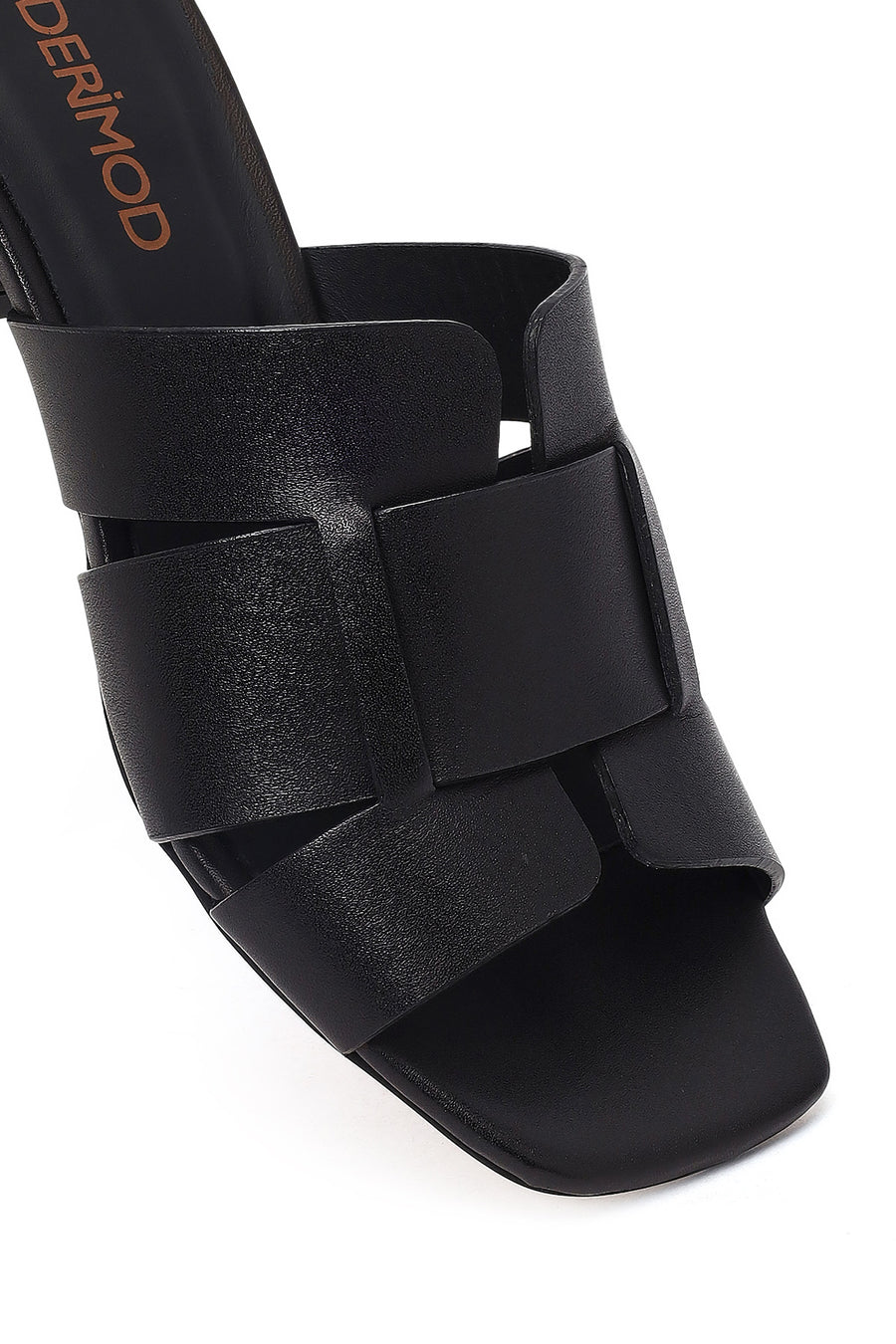Women's Black Short Thick Heeled Leather Slippers