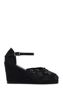 Women's Black Ankle Strap Patterned Wedge Heel Espadrilles | Derimod