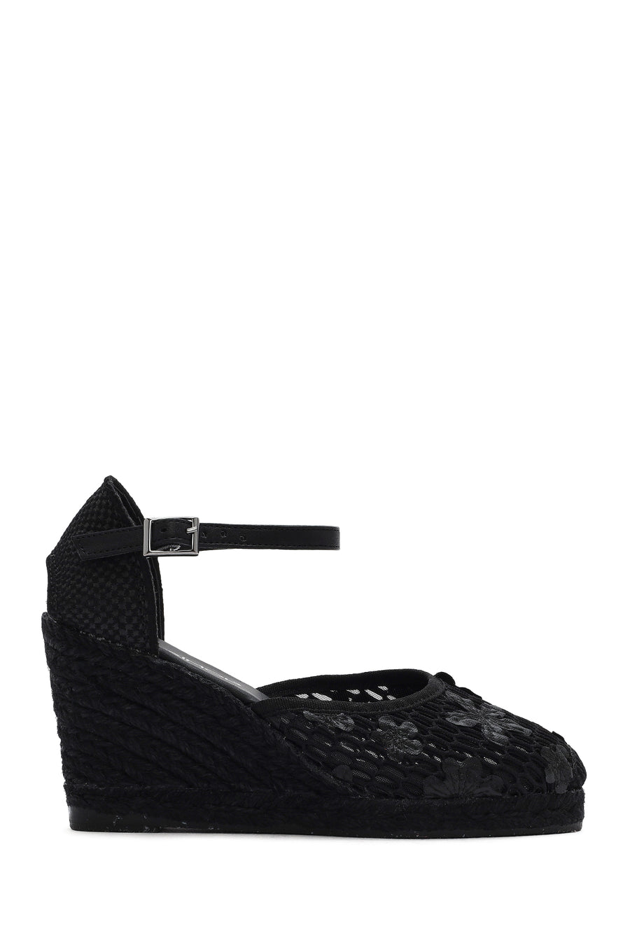 Women's Black Ankle Strap Patterned Wedge Heel Espadrilles 25SFD20756F | Derimod