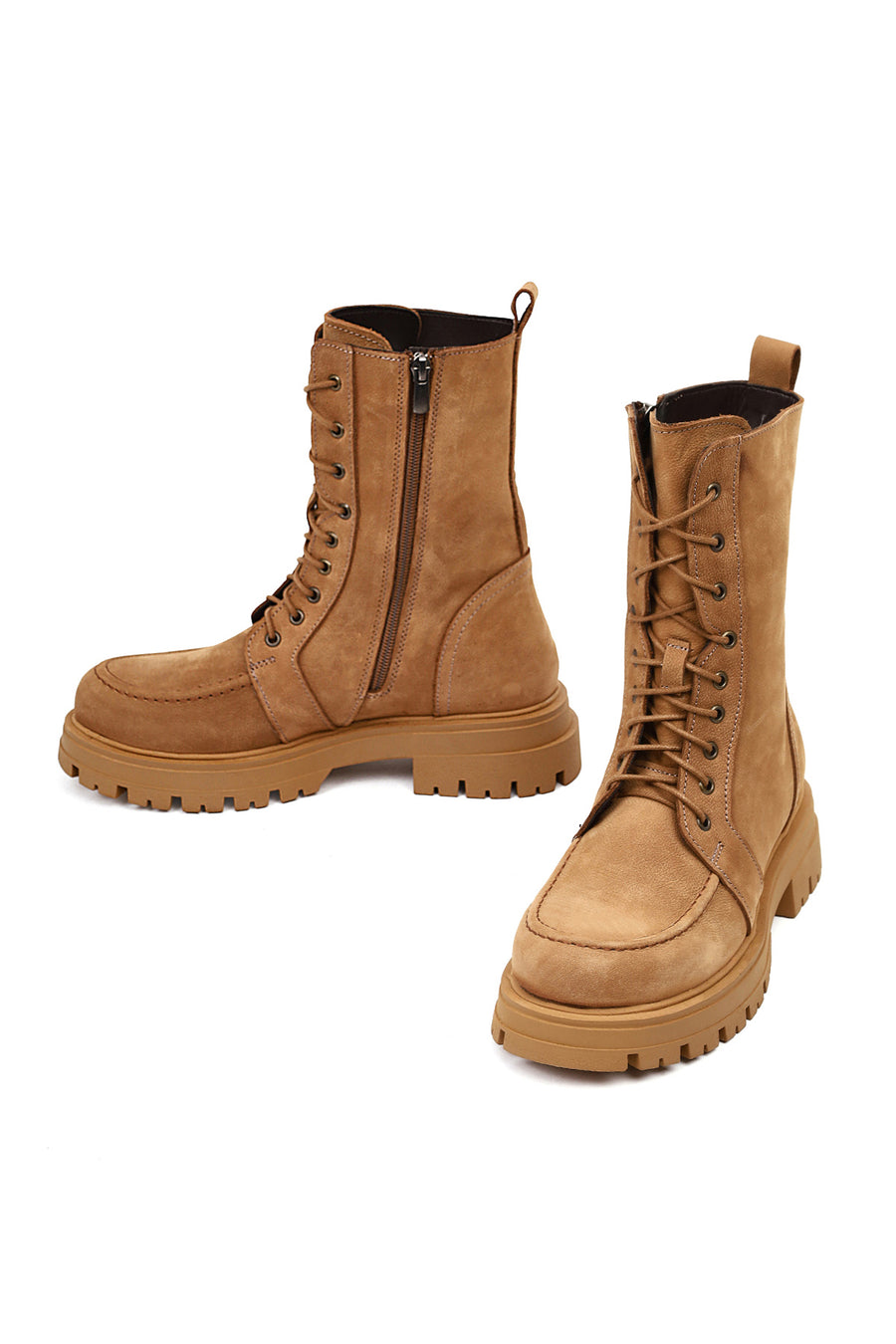 Women's Camel Zippered Thick-Soled Nubuck Leather Ankle Boots