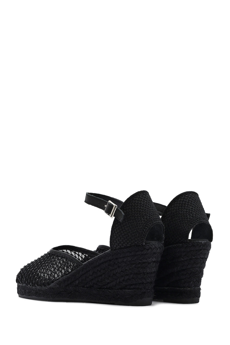 Women's Black Ankle Buckle Wedge Heel Espadrille Sandals