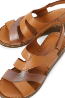Woman Tan Wedge-Heel Leather Comfort Sandal | Derimod