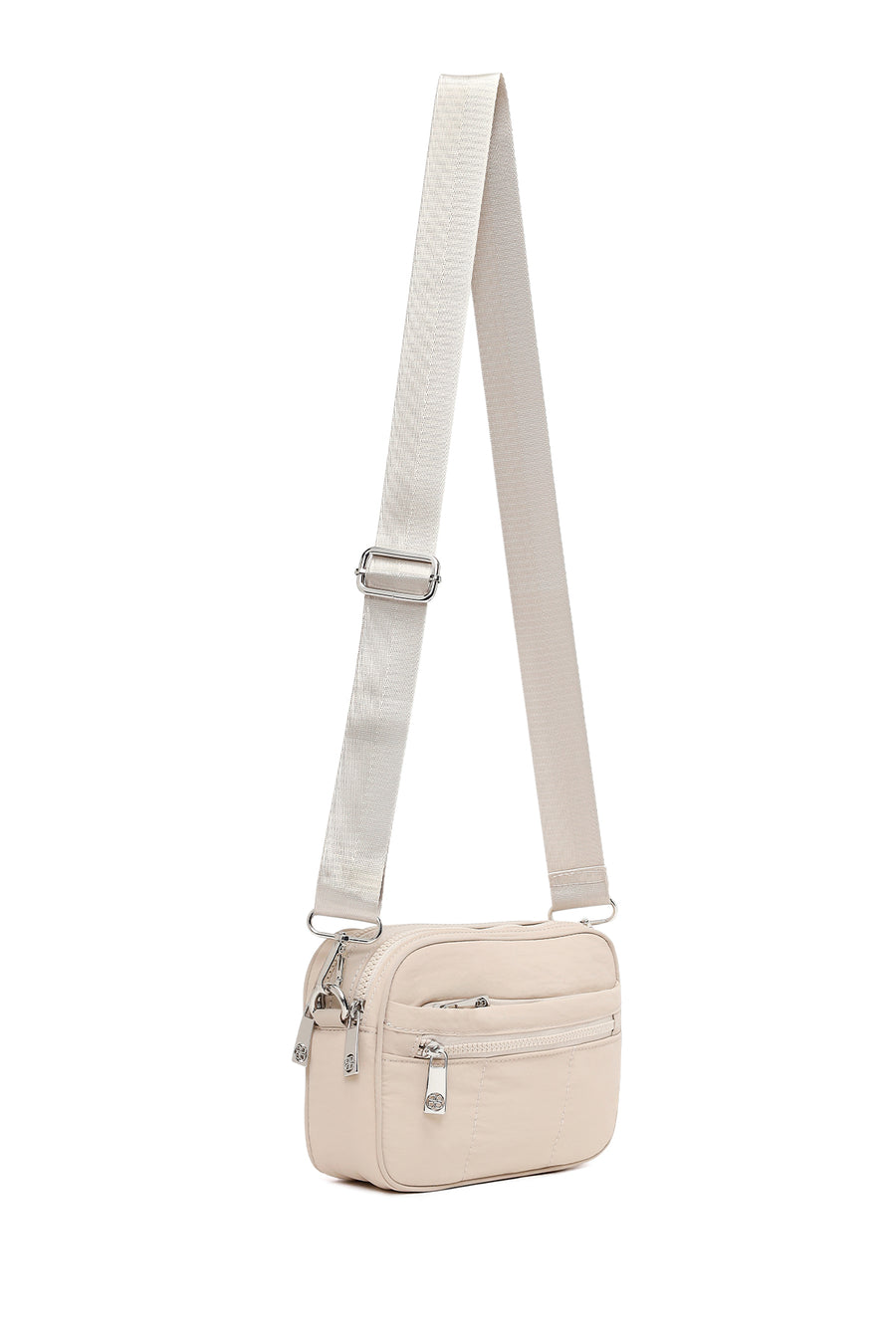 Woman Cream Long-Strap Fabric Crossbody Bag