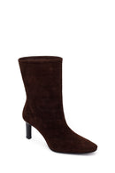 Woman Brown Thin Heeled Printed Suede Boots | Derimod