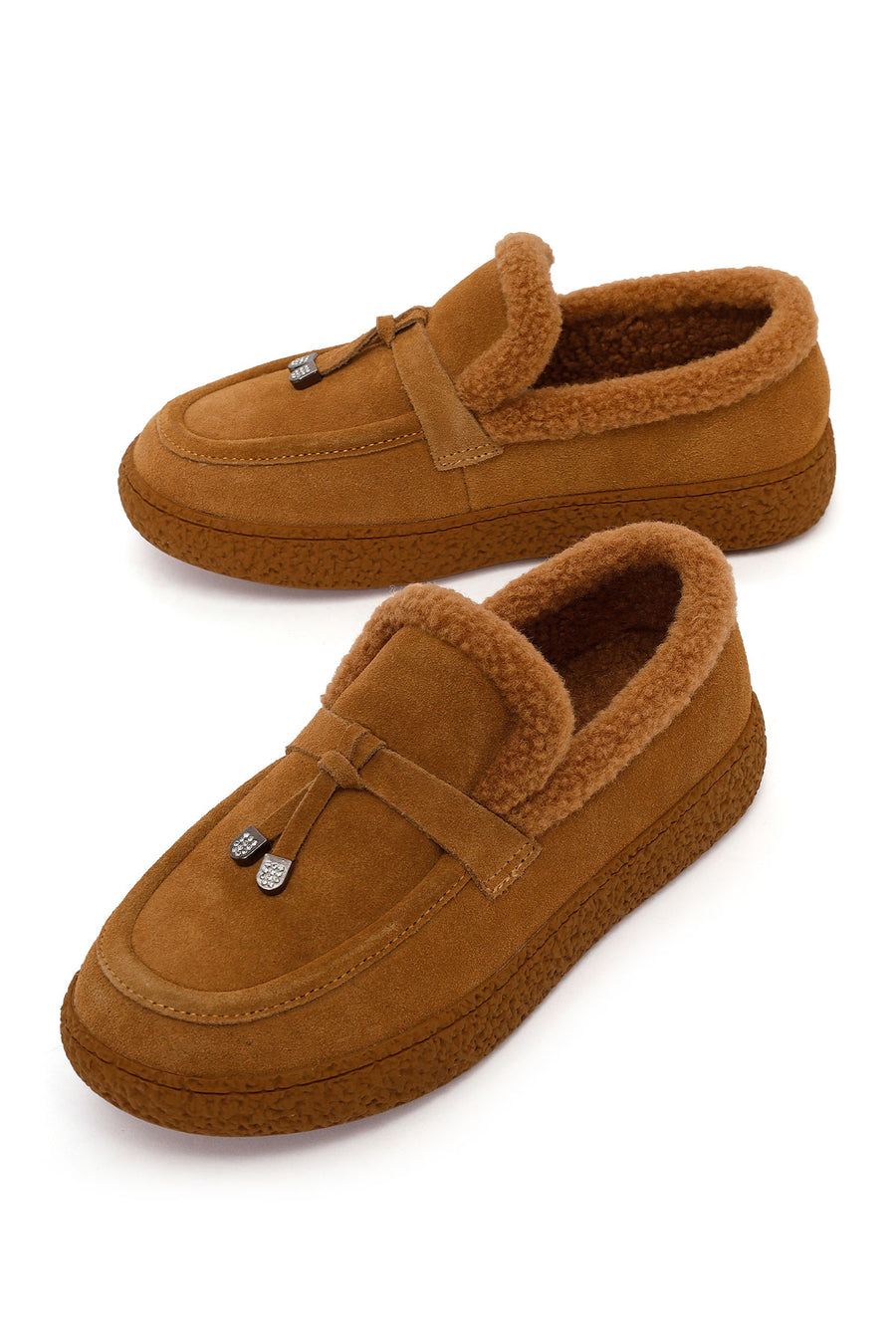 Kadın Camel Tokalı Kalın Tabanlı Süet Deri Teddy Loafer
