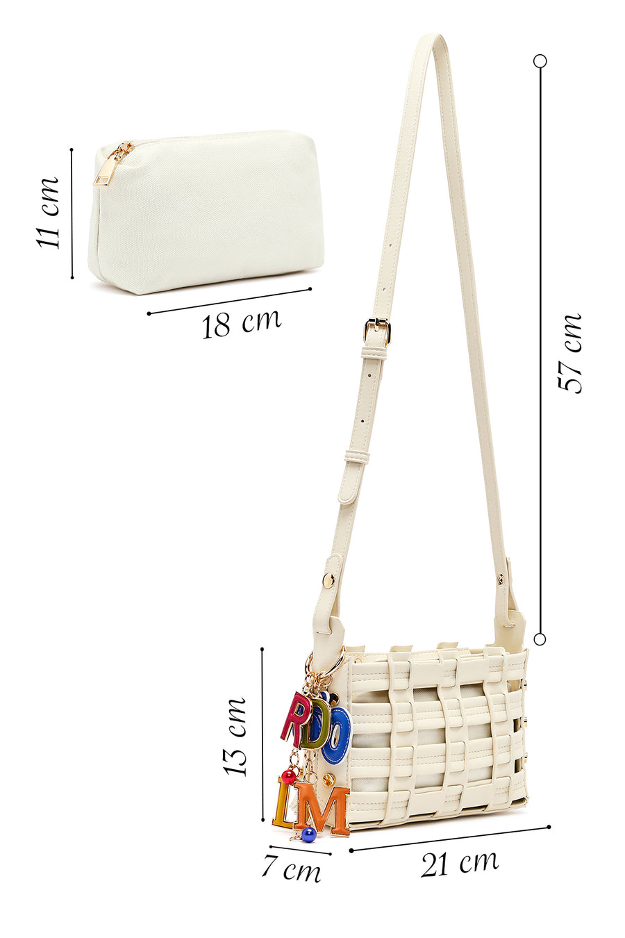 Woman Cream Long Strap Knit Crossbody Bag