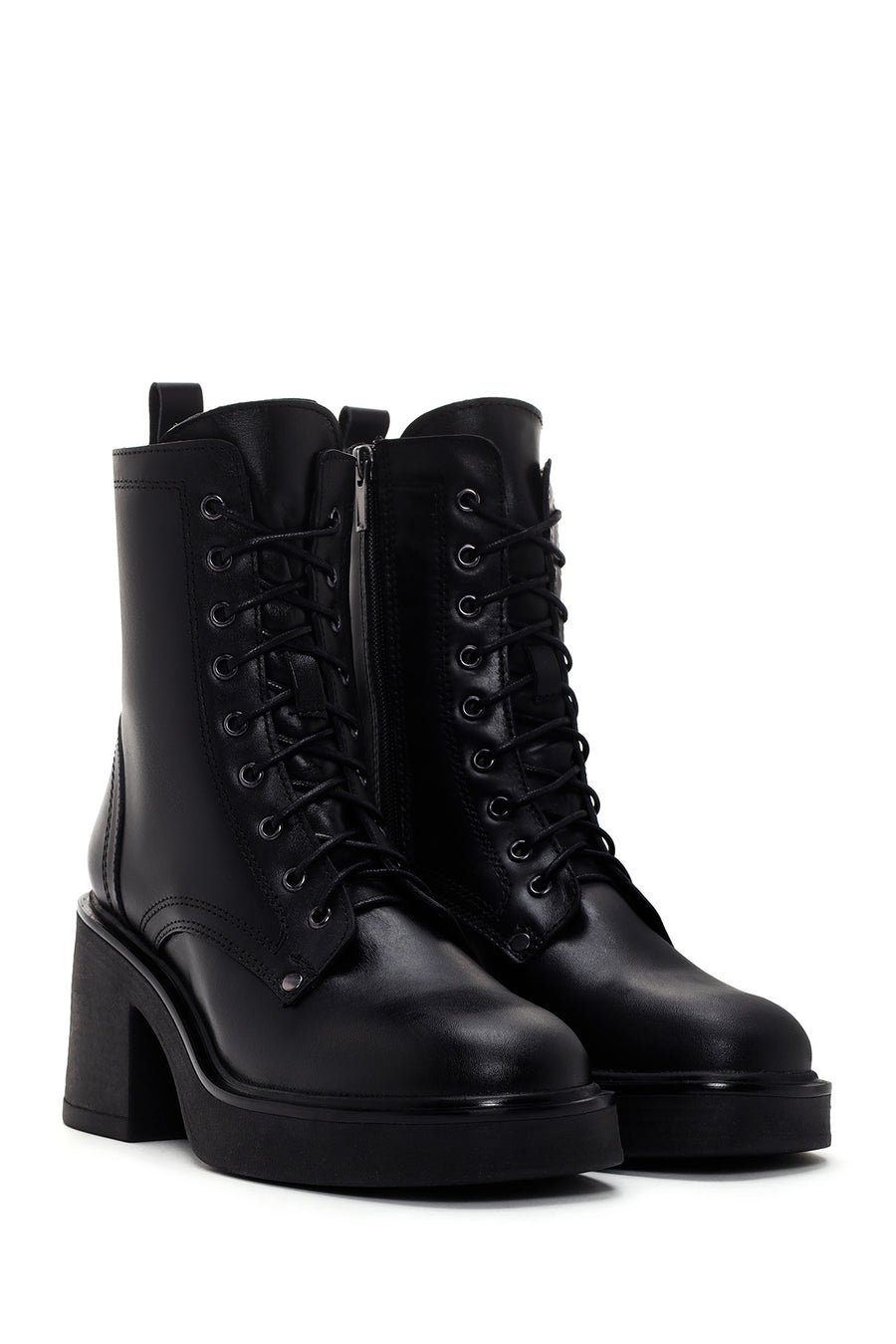 Women's Black Leather Heeled Boots