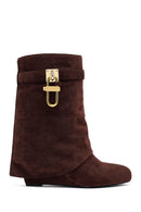 Woman Brown Wedge-Heel Suede Boots | Derimod
