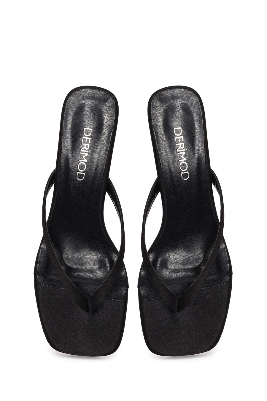 Woman Black Short-Heeled Satin Toe-Post Slipper