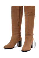 Women's Tan Suede Leather Heeled Boots | Derimod