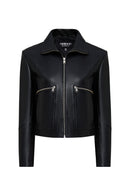 Dolores Women's Black Lapel Short Leather Jacket | Derimod