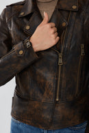 Newyork Women's Brown Vintage Biker Leather Jacket | Derimod