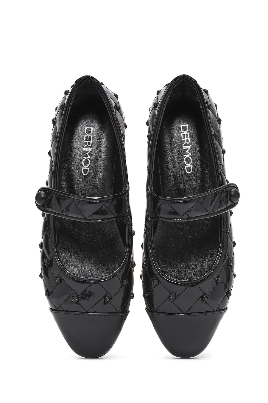 Women's Black Banded Patterned Leather Ballerinas