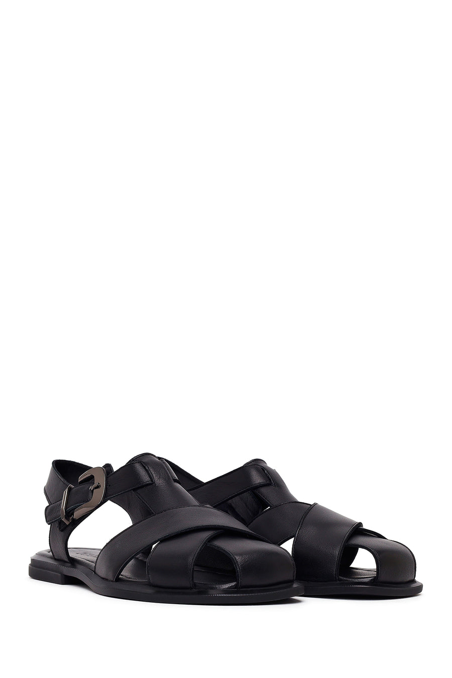 Woman Black Ankle-Buckle Leather Sandals