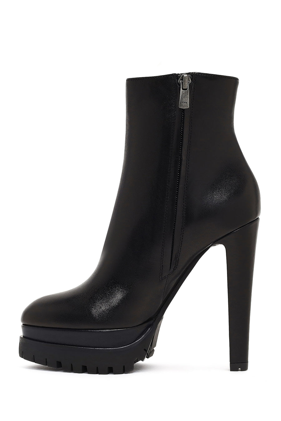 Woman Black Zip Closure Platform High Thick-Heeled Leather Boots