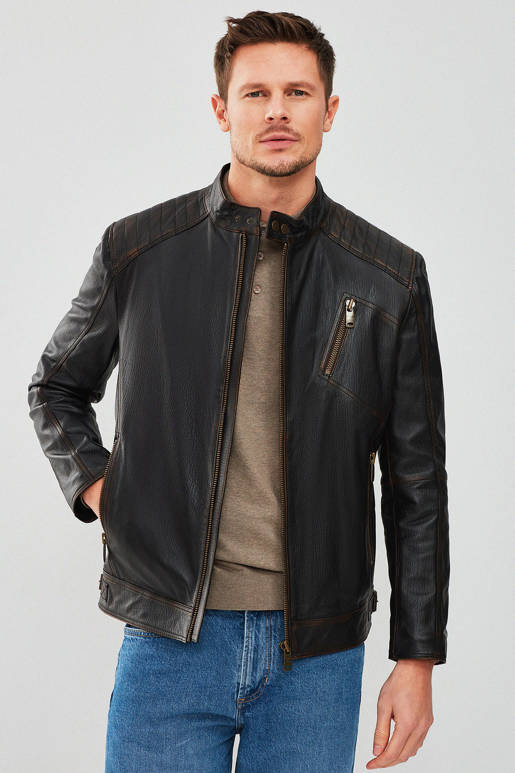 New Durant Erkek Siyah Slim-Fit Vintage Deri Mont
